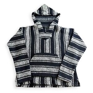 Mexican Black White Poncho Baja Hoodie Surfer Skater Pockets Pullover Size L